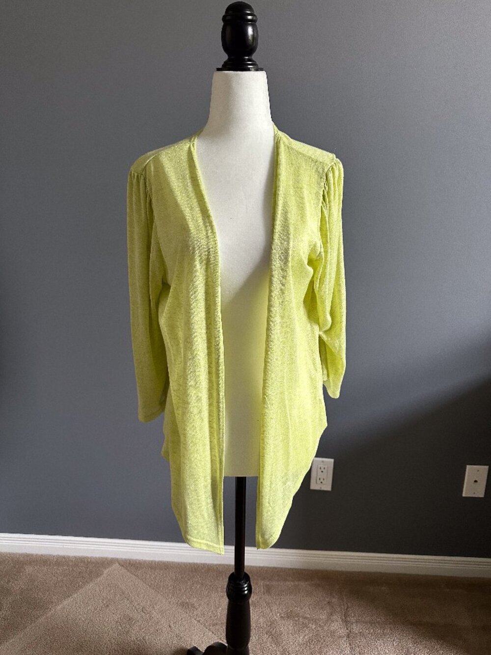 Kim & Co Linen Look 3/4 Sleeve Chartreuse Cardigan, Lrg